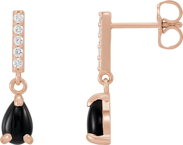 14K Gold Pear Natural Black Onyx & Natural Diamond Accented Cabochon Earrings - Rose Gold