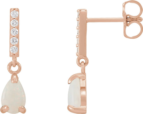 14K Gold Pear Natural White Opal & Natural Diamond Accented Cabochon Earrings – 6x4mm - Rose Gold