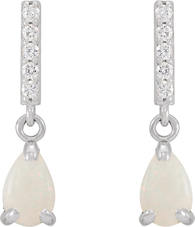 Platinum Pear Natural White Opal & Natural Diamond Accented Cabochon Earrings - view 2