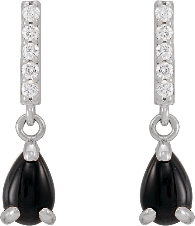 Platinum Pear Natural Black Onyx & Natural Diamond Accented Cabochon Earrings - view 2