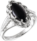 14K Gold Marquise Natural Onyx Cabochon Ring - White Gold