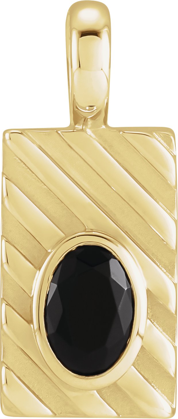 14K Gold Oval Natural Black Onyx Grooved Bezel-Set Pendant - Yellow Gold