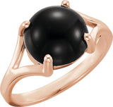 14K Gold Round Natural Black Onyx Cabochon Ring - Rose Gold