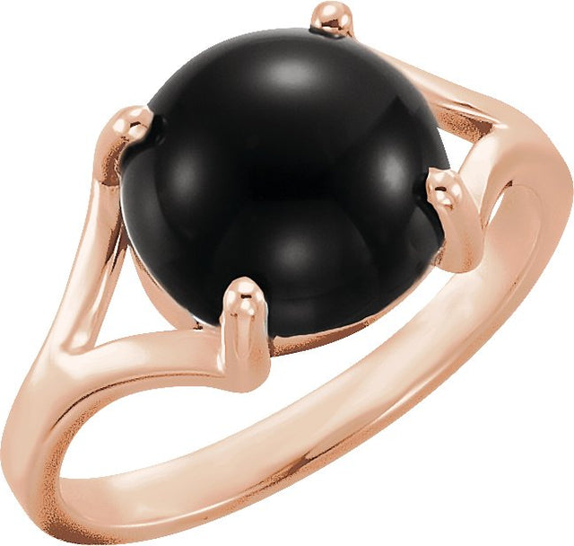 14K Gold Round Natural Black Onyx Cabochon Ring - Rose Gold