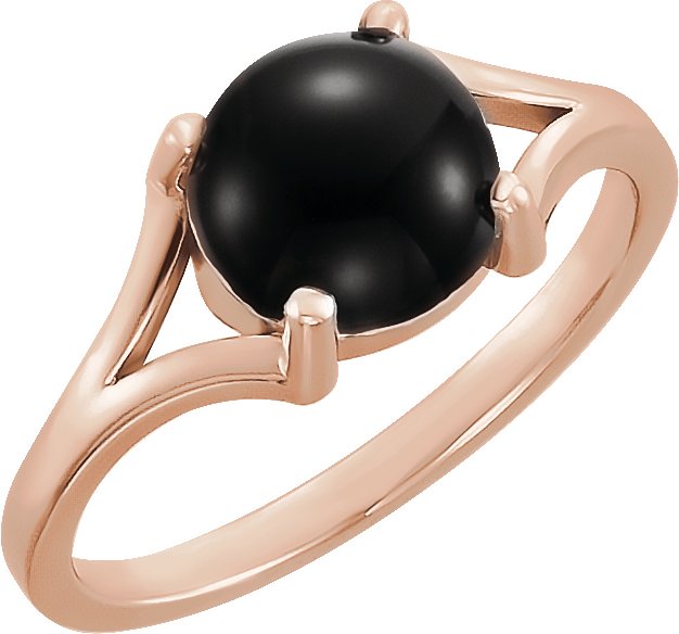 14K Gold Round Natural Black Onyx Cabochon Ring - Rose Gold