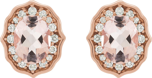 14K Gold Oval Natural Peach Morganite & Natural Diamond Vintage-Inspired Earrings – 8x6mm - Rose Gold - view 2
