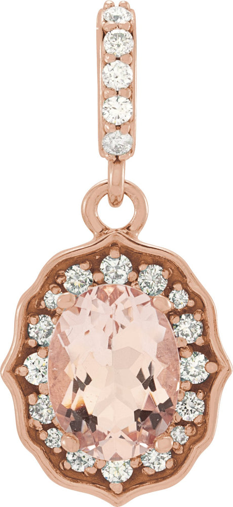 14K Gold Oval Natural Peach Morganite & Natural Diamond Halo-Style Pendant - Rose Gold