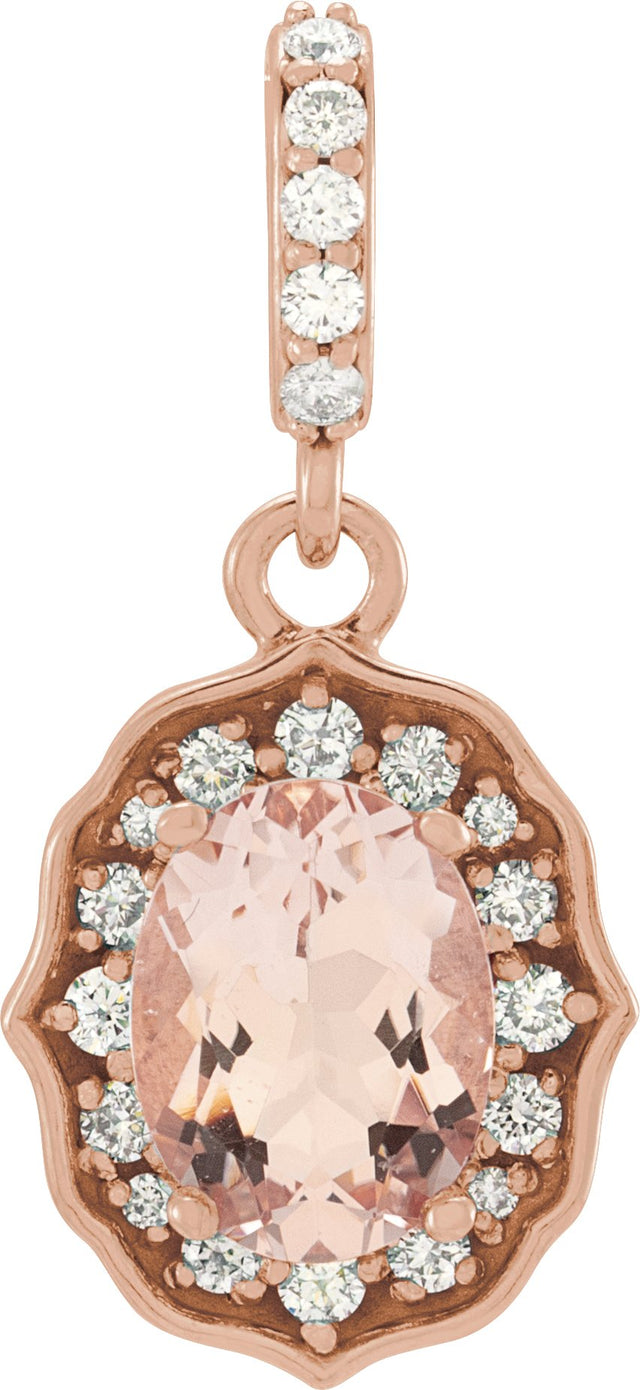 14K Gold Oval Natural Peach Morganite & Natural Diamond Halo-Style Pendant - Rose Gold