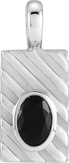 14K Gold Oval Natural Black Onyx Grooved Bezel-Set Pendant - White Gold