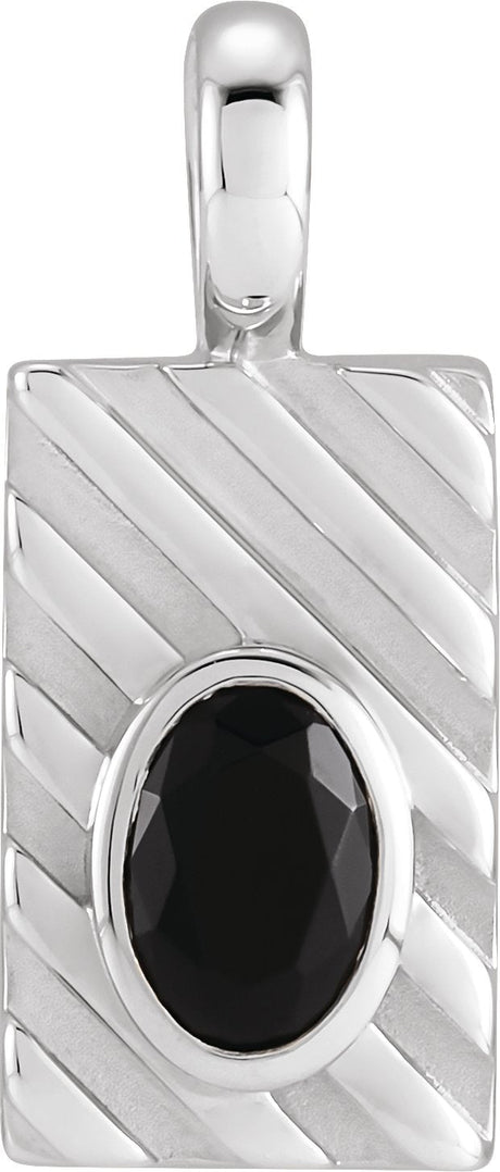 14K Gold Oval Natural Black Onyx Grooved Bezel-Set Pendant - White Gold
