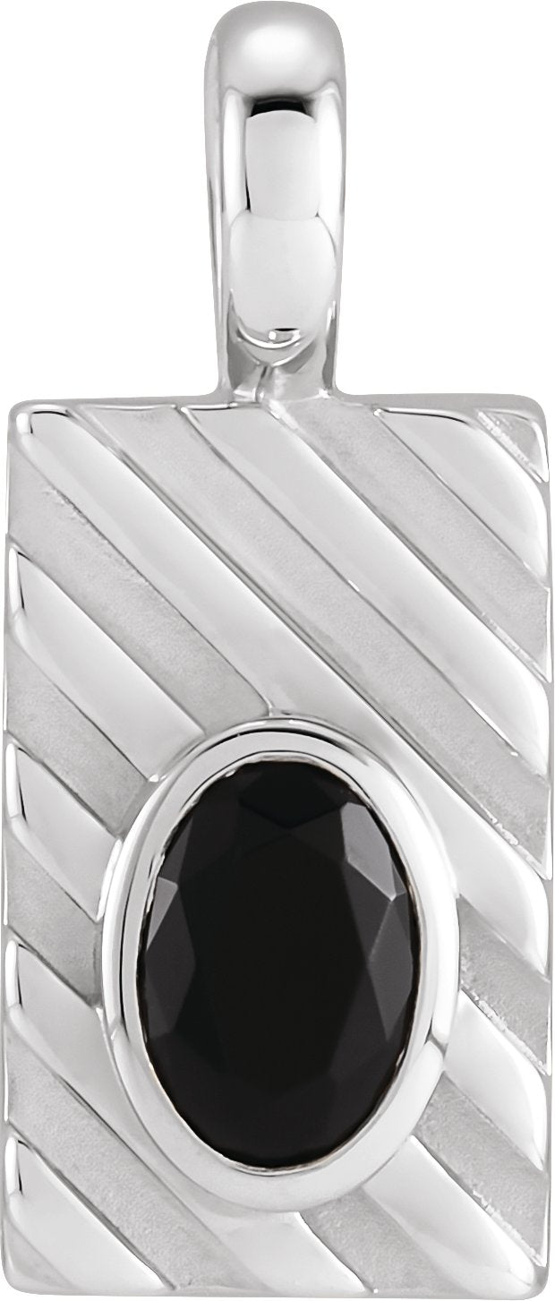 Platinum Oval Natural Black Onyx Grooved Bezel-Set Pendant