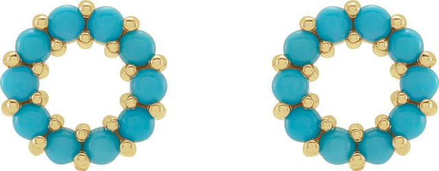 14K Gold Round Natural Turquoise Halo-Style Cabochon Earrings - Yellow Gold - view 2