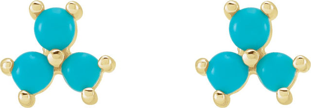14K Gold Round Natural Turquoise Three-Stone Cabochon Earrings - Yellow Gold - view 2