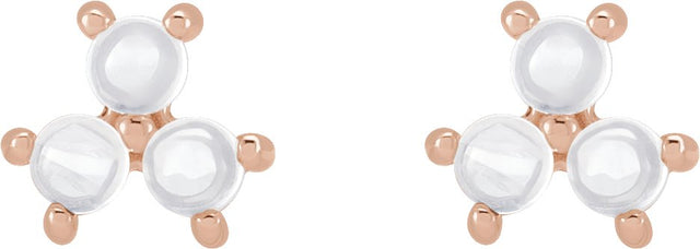 14K Gold Round Natural Rainbow Moonstone Three-Stone Cabochon Earrings - Rose Gold - view 2