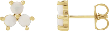 14K Gold Round Natural White Opal Three-Stone Cabochon Earrings - Yellow Gold