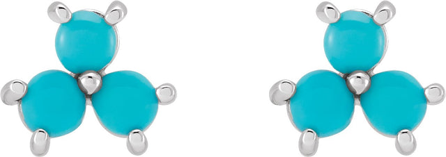 Platinum Round Natural Turquoise Three-Stone Cabochon Earrings - view 2