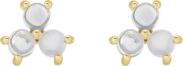 14K Gold Round Natural Rainbow Moonstone Three-Stone Cabochon Earrings - Yellow Gold - view 2