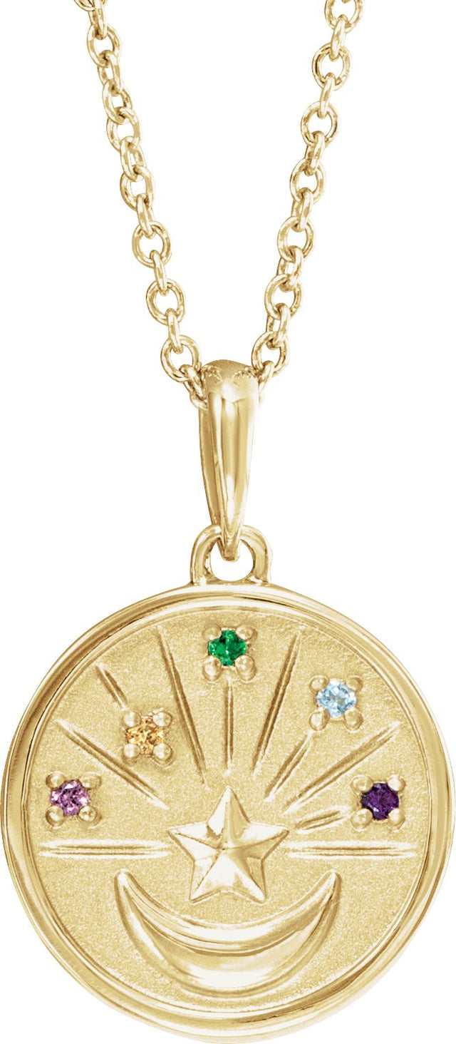 14K Gold Round Natural Multi-Gemstone Moon & Star Necklace or Pendant - Yellow Gold