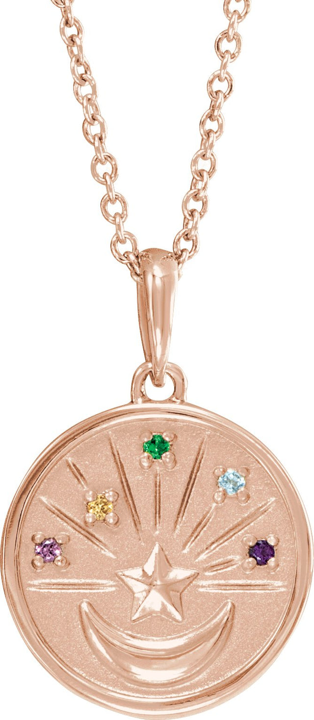 14K Gold Round Natural Multi-Gemstone Moon & Star Necklace or Pendant - Rose Gold