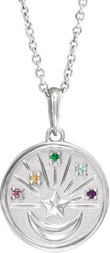 14K Gold Round Natural Multi-Gemstone Moon & Star Necklace or Pendant - White Gold