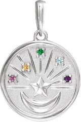 Platinum Round Natural Multi-Gemstone Moon & Star Necklace or Pendant