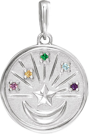 Platinum Round Natural Multi-Gemstone Moon & Star Necklace or Pendant