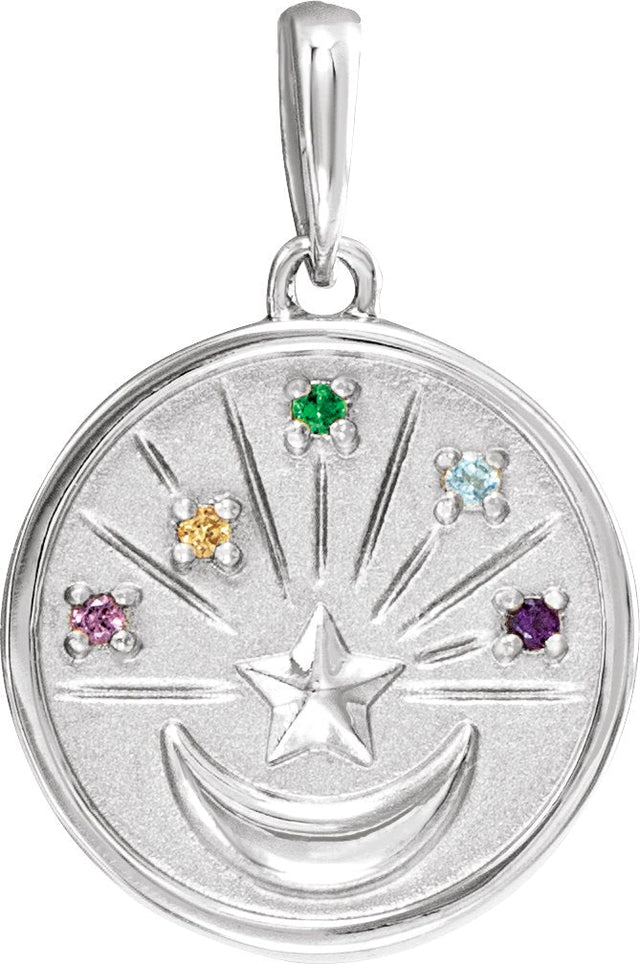 14K Gold Round Natural Multi-Gemstone Moon & Star Necklace or Pendant - White Gold