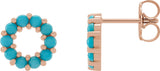 14K Gold Round Natural Turquoise Halo-Style Cabochon Earrings - Rose Gold