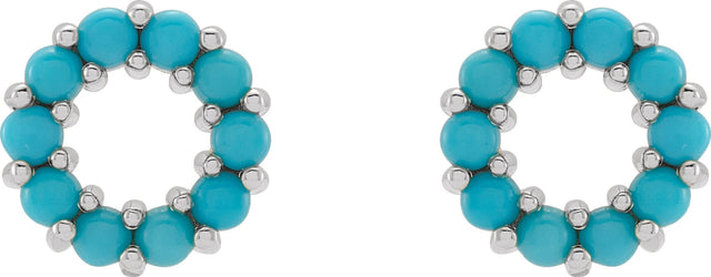 14K Gold Round Natural Turquoise Halo-Style Cabochon Earrings - White Gold - view 2