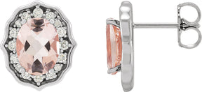 Platinum Oval Natural Peach Morganite & Natural Diamond Vintage-Inspired Earrings – 8x6mm