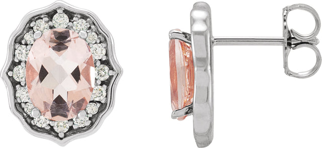Platinum Oval Natural Peach Morganite & Natural Diamond Vintage-Inspired Earrings – 8x6mm