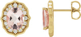 14K Gold Oval Natural Peach Morganite & Natural Diamond Vintage-Inspired Earrings – 8x6mm - Yellow Gold