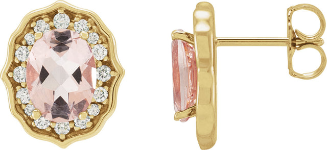 14K Gold Oval Natural Peach Morganite & Natural Diamond Vintage-Inspired Earrings – 8x6mm - Yellow Gold