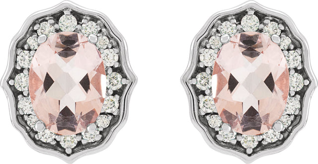 14K Gold Oval Natural Peach Morganite & Natural Diamond Vintage-Inspired Earrings – 8x6mm - White Gold - view 2