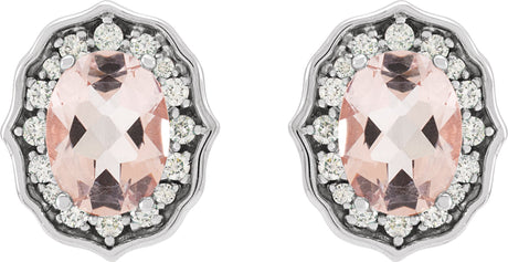 Platinum Oval Natural Peach Morganite & Natural Diamond Vintage-Inspired Earrings – 8x6mm - view 2