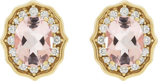14K Gold Oval Natural Peach Morganite & Natural Diamond Vintage-Inspired Earrings – 8x6mm - Yellow Gold - view 2