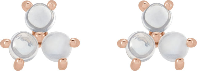 14K Gold Round Natural Rainbow Moonstone Three-Stone Cabochon Earrings - Rose Gold - view 2