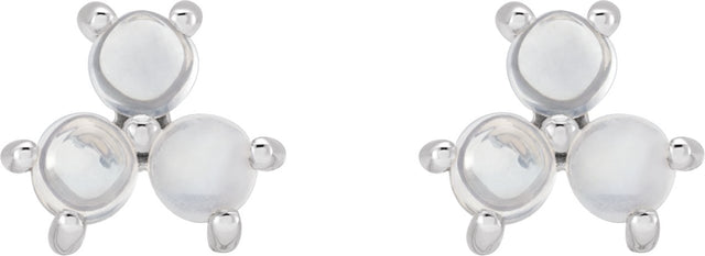 14K Gold Round Natural Rainbow Moonstone Three-Stone Cabochon Earrings - White Gold - view 2