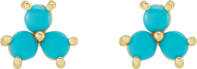 14K Gold Round Natural Turquoise Three-Stone Cabochon Earrings - Yellow Gold - view 2