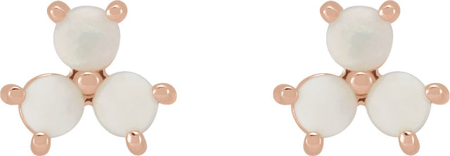 14K Gold Round Natural White Opal Three-Stone Cabochon Earrings - Rose Gold - view 2