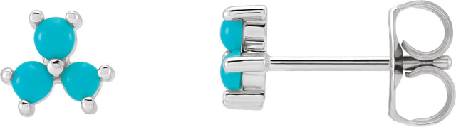 14K Gold Round Natural Turquoise Three-Stone Cabochon Earrings - White Gold