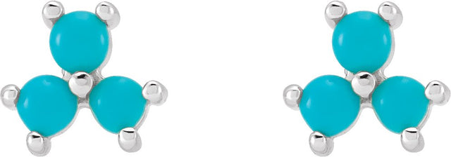 14K Gold Round Natural Turquoise Three-Stone Cabochon Earrings - White Gold - view 2