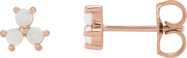 14K Gold Round Natural White Opal Three-Stone Cabochon Earrings - Rose Gold