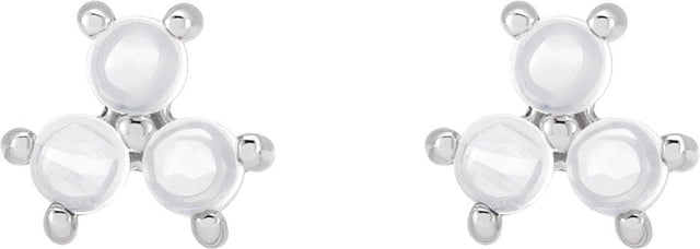 Platinum Round Natural Rainbow Moonstone Three-Stone Cabochon Earrings - view 2