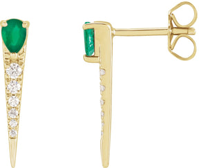 14K Gold Pear Natural Emerald & Natural Diamond Spike Earrings - Yellow Gold