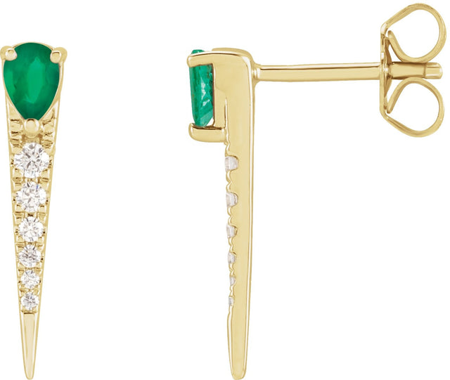 14K Gold Pear Natural Emerald & Natural Diamond Spike Earrings - Yellow Gold