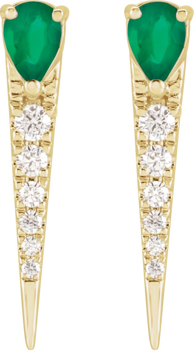 14K Gold Pear Natural Emerald & Natural Diamond Spike Earrings - Yellow Gold - view 2