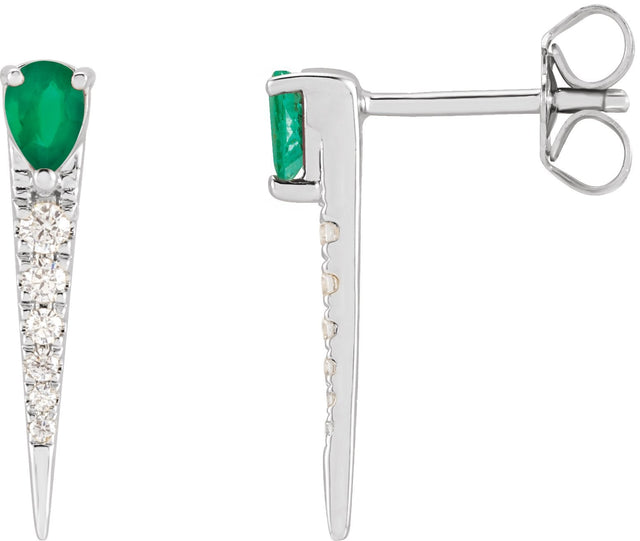 14K Gold Pear Natural Emerald & Natural Diamond Spike Earrings - White Gold