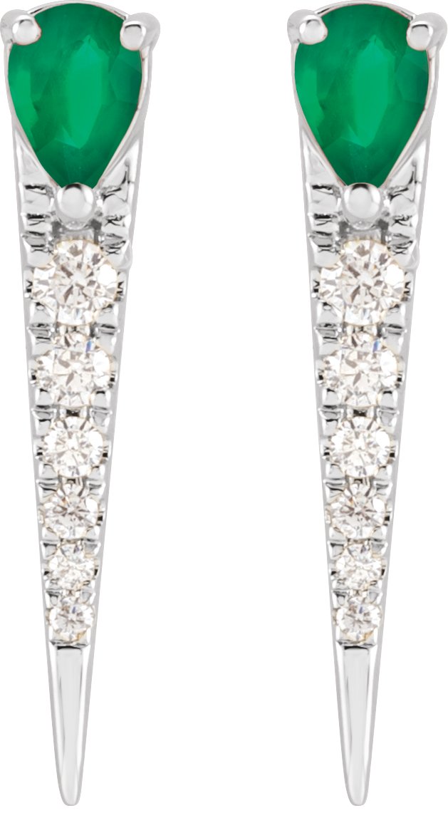 14K Gold Pear Natural Emerald & Natural Diamond Spike Earrings - White Gold - view 2
