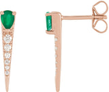 14K Gold Pear Natural Emerald & Natural Diamond Spike Earrings - Rose Gold